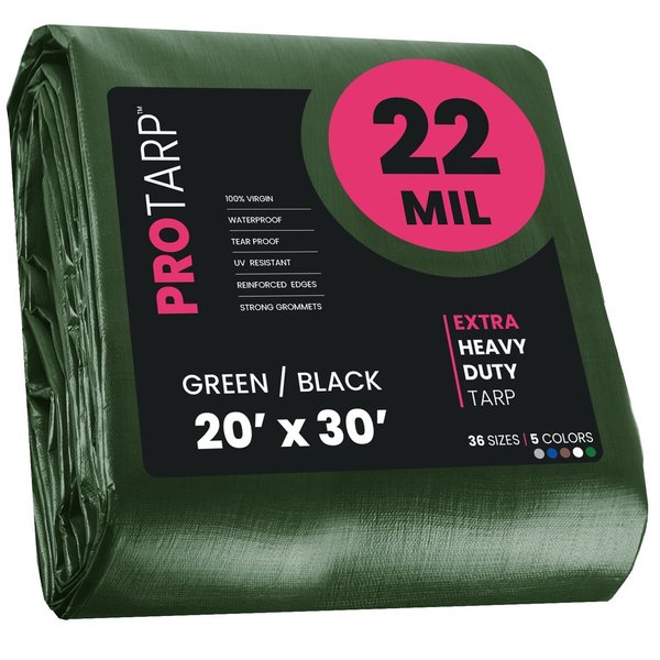 Protarp 20 ft x 30 ft Heavy Duty 22 Mil Tarp, Green/Black, Polyethylene PT-203-20X30